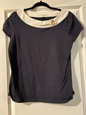 Chaps Navy Short Sleeve Top with White Sailor Collar and Gold Accent